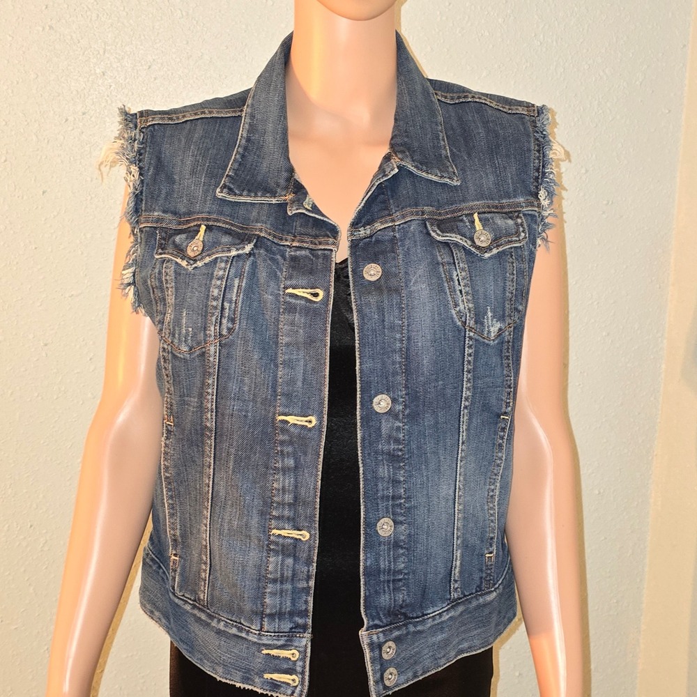 Lucky Brand‎ Denim Vest Frayed Sleeveless Jean Jacket Women's Size L/G